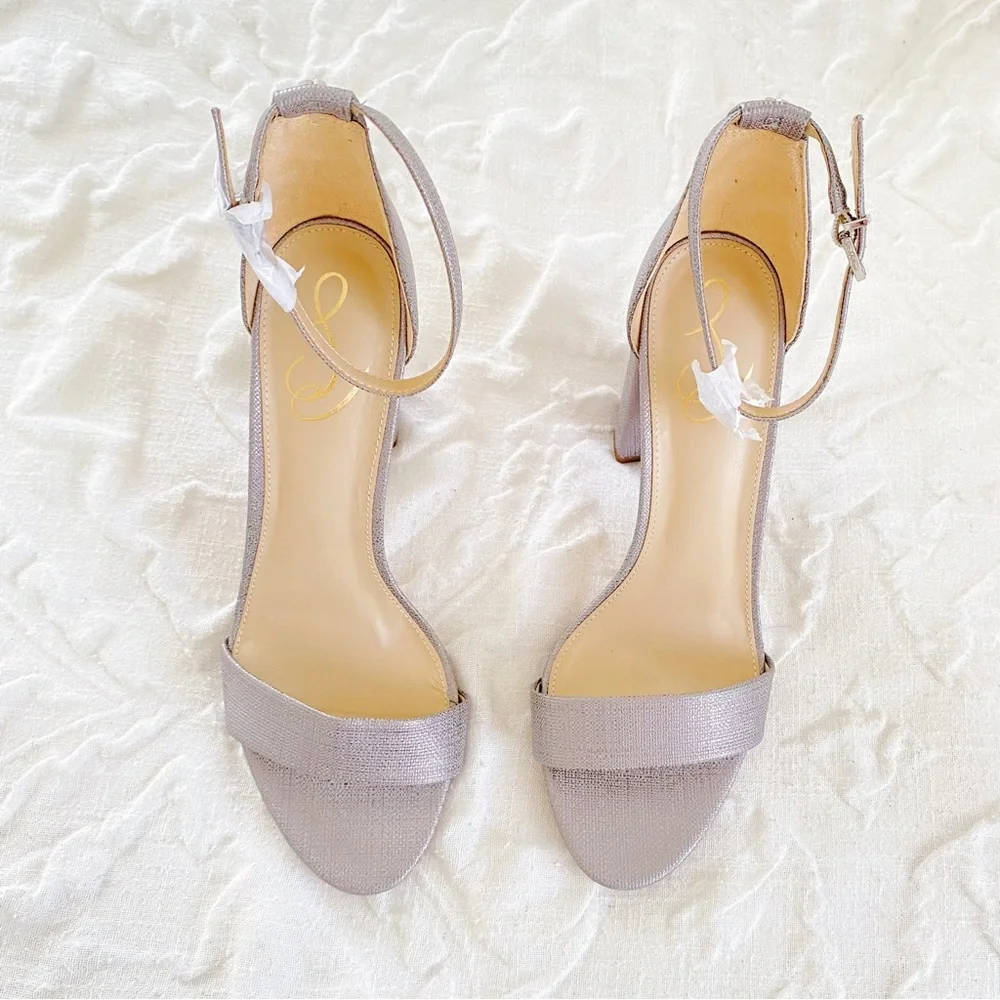 Sam Edelman Silver Textured Ankle-Strap Block Heel Sandals